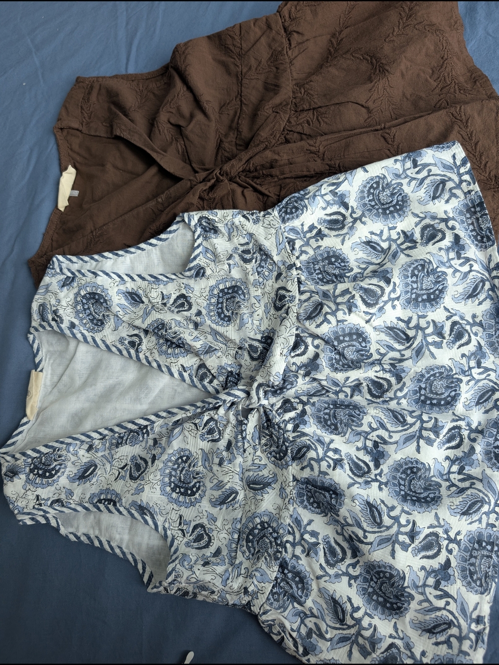 2 Bombay Floral Women's Top - Blue Flora and Brown Tie-Front